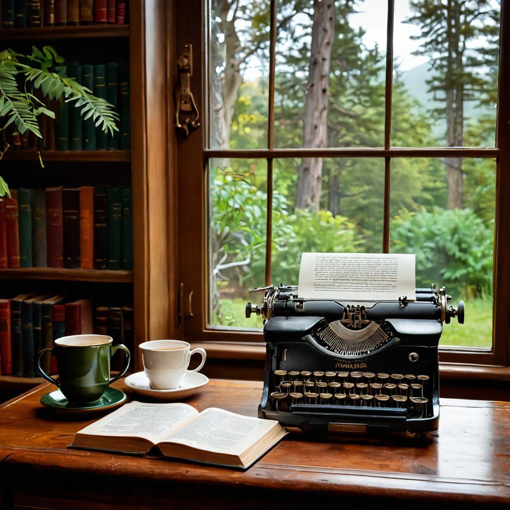 A cozy library nook filled with an assortment of classic and contemporary books, with an antique typewriter on a wooden desk and a steaming cup of tea beside it. In the backdrop, a window reveals a lush, green literary landscape with trees shaped like famous authors. Include elements like quills, parchment, and floating text quotes to represent critiques and interviews. warm lighting. hyper-realistic. vibrant colors.