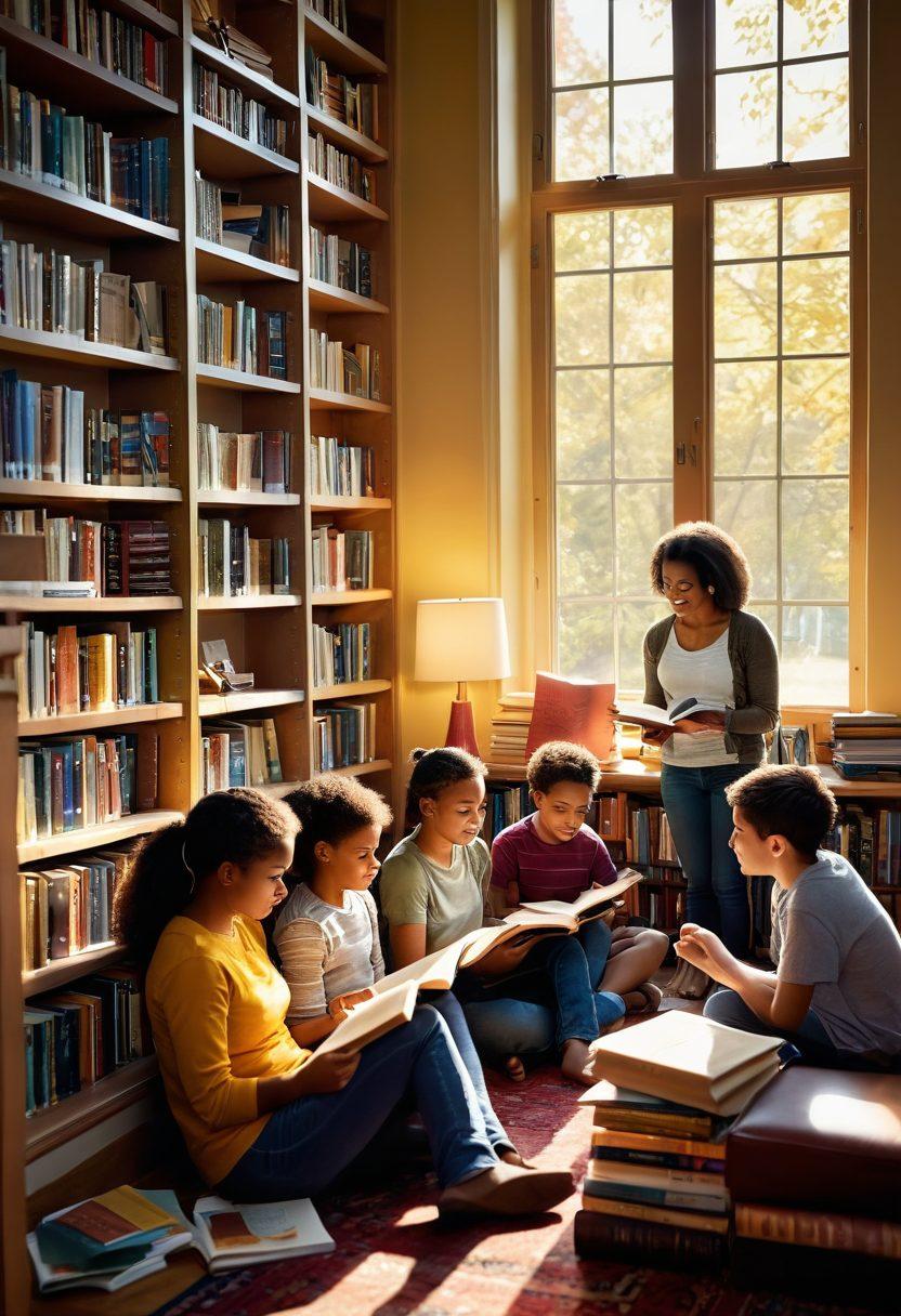 A diverse group of enthusiastic readers gathered in a cozy library, exchanging books and engaging in animated discussions. Shelves filled with colorful book spines in the background, while warm sunlight spills through large windows, creating an inviting atmosphere. Showcase a mix of ages and ethnicities among the readers, showcasing their passion for literature. super-realistic. vibrant colors. warm ambiance.