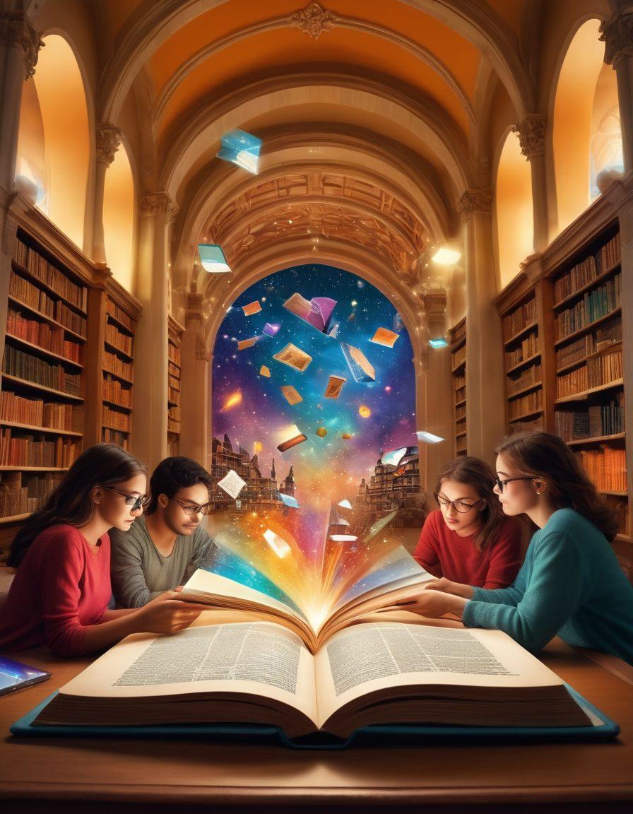 An open book with colorful, fantastical illustrations bursting out, blending with digital elements like tablets and e-readers around it. A diverse group of people engaged in reading, discussing, and sharing ideas, with a warm and inviting library setting in the background. Soft glowing light to emphasize a sense of wonder and discovery in literature. vibrant colors. super-realistic.